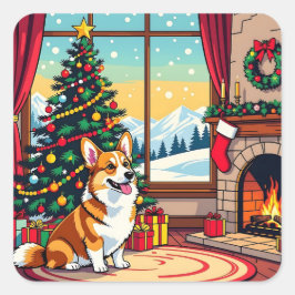 A Cute Festive Corgi Christmas Quadratischer Aufkleber