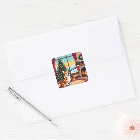 A Cute Festive Corgi Christmas Quadratischer Aufkleber (Umschlag)