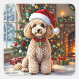A Cute Festive Poodle Christmas Quadratischer Aufkleber