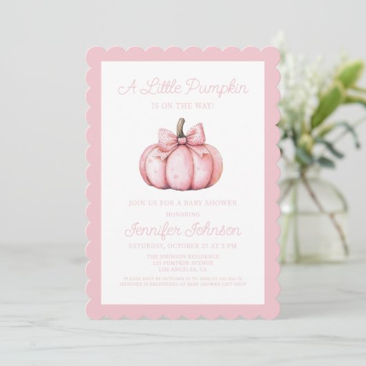 A Cute Little Pink Pumpkin Baby Shower Einladung (Stehend Vorderseite)