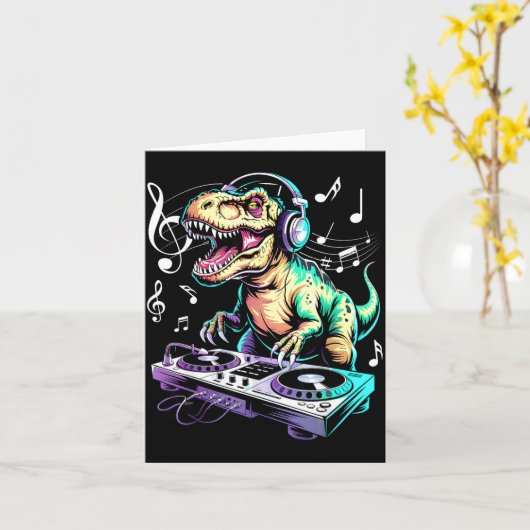 A Cute T-rex Playing Electronic Music Funny Dj Din Karte (Gelbe Blume)