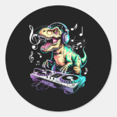 A Cute T-rex Playing Electronic Music Funny Dj Din Runder Aufkleber (Vorderseite)