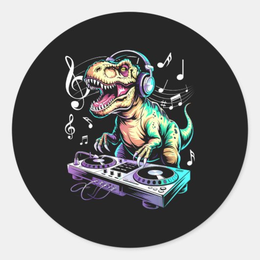 A Cute T-rex Playing Electronic Music Funny Dj Din Runder Aufkleber (Vorderseite)