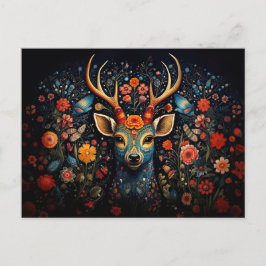 a deer surrounded by flowers in dark colors postkarte