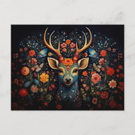 a deer surrounded by flowers in dark colors postkarte