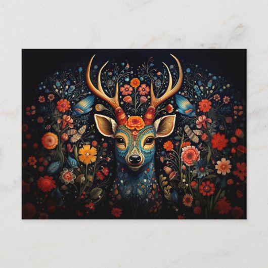a deer surrounded by flowers in dark colors postkarte (Vorderseite)