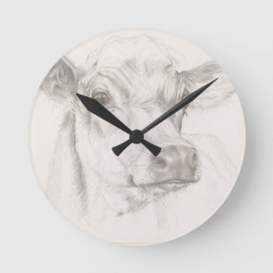 A drawing of a young cow runde wanduhr