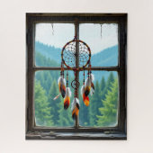 A Dreamcatcher in a Window overlooking Mountains Puzzle (Vertikal)
