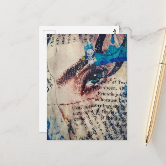 A face and words abstract mixed media collage postkarte (Vorderseite/Rückseite Beispiel)