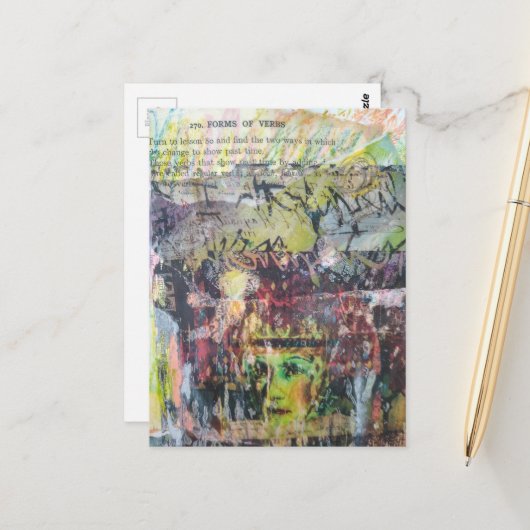 A face mixed media collage forms of verbs postkarte (Vorderseite/Rückseite Beispiel)