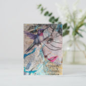 A Face n Hummingbird Abstract Mixed Media Collage Postkarte (Stehend Vorderseite)
