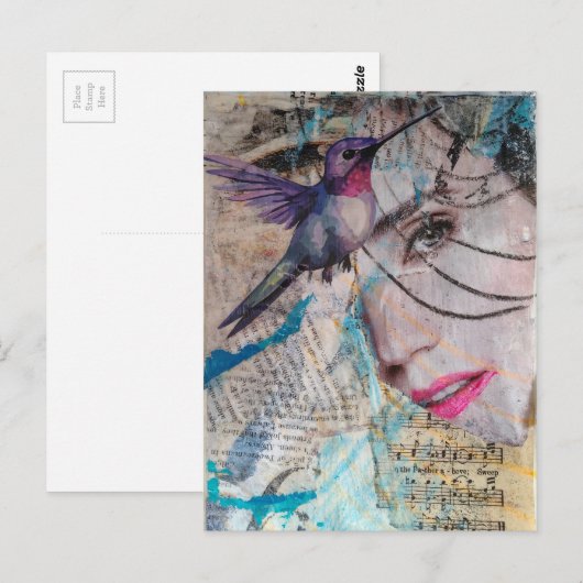 A Face n Hummingbird Abstract Mixed Media Collage Postkarte (Vorne/Hinten)