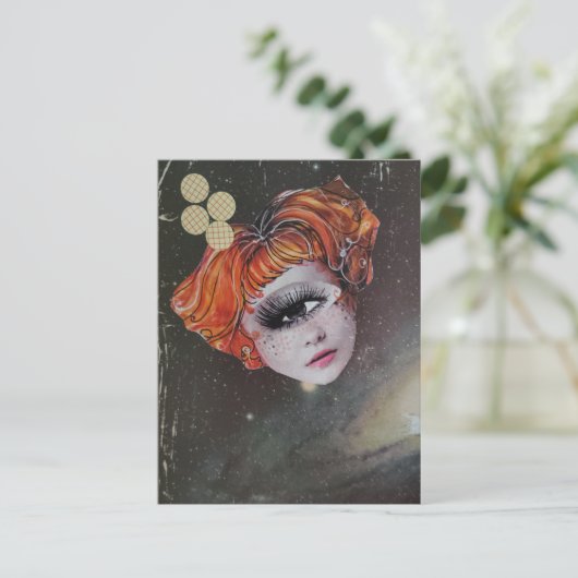 A face with single eye space mixed media collage postkarte (Stehend Vorderseite)