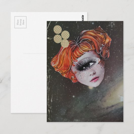 A face with single eye space mixed media collage postkarte (Vorne/Hinten)