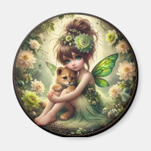 A Faiy and her Lion Cub - Green Magnet