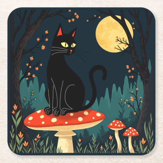 A Familiar Black Cat And Toadstools Halloween 3 Rechteckiger Pappuntersetzer (Vorderseite)
