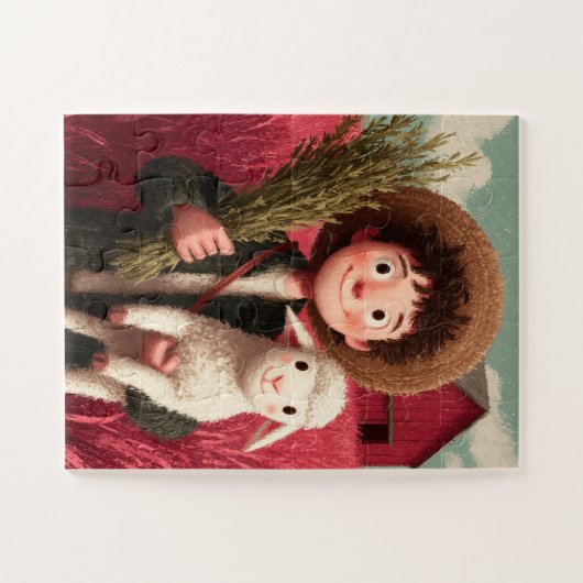 A farm boy with his sheep friend by his side. puzzle (Horizontal)