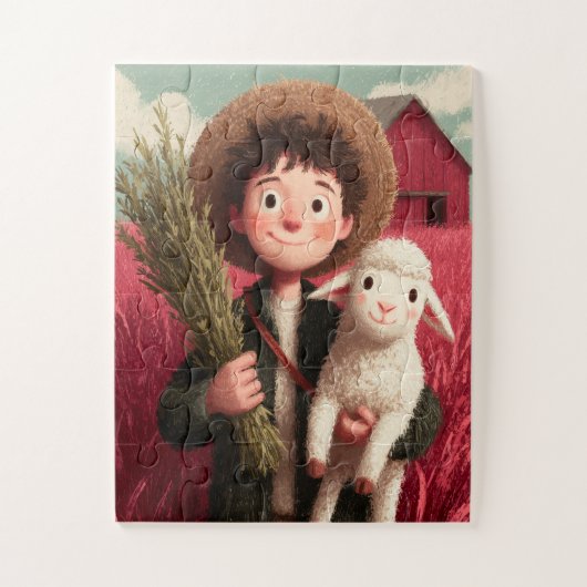 A farm boy with his sheep friend by his side. puzzle (Vertikal)