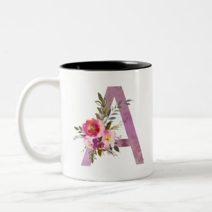 A, Floral Monogramm initial, Aquarellfarben-Blume Zweifarbige Tasse