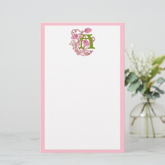 "A" florale Jugendstil-Monogramm Briefpapier (Stehend Vorderseite)