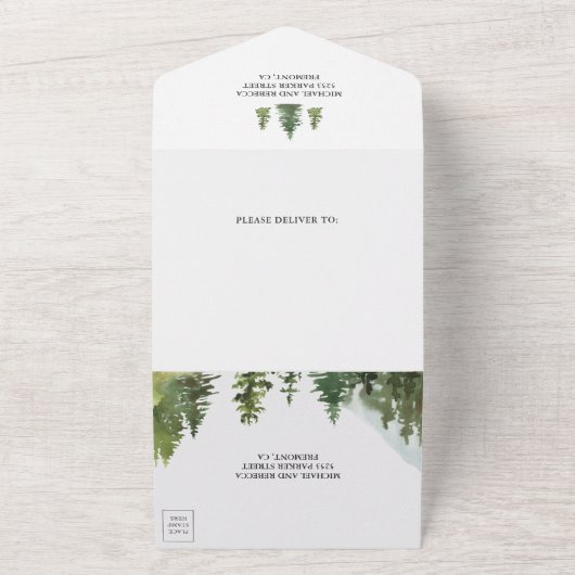 A-Frame Cabin Lodge Rustikale Bergwaldhochzeit All In One Einladung (Außenbereich)