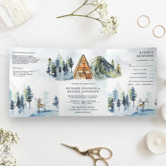 A-Frame Cabin Lodge Winter Mountain Forest Wedding Dreifach Gefaltete Einladung