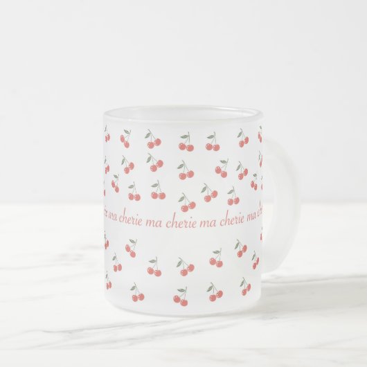 A frosted glass mug with cherry pattern mattglastasse (VorderseiteRechts)