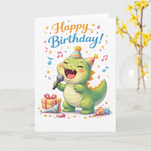 A fun dinosaur singing happy birthday karte (Gelbe Blume)