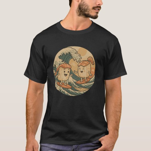 A Funny Rice Sushi Catching Waves T-Shirt (Vorderseite)