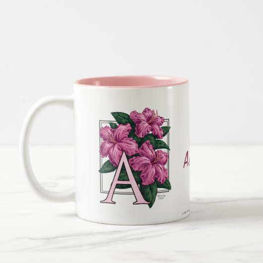 A für Azaleen-Blumen-Monogramm-und Namen-Tasse Zweifarbige Tasse (Links)