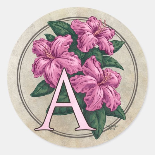 A für Monogram Round Stickers der Azalea-Blume (Vorderseite)