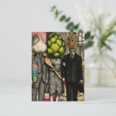 A garlic, an artichoke, and a spaghetti fork funny postkarte (Stehend Vorderseite)