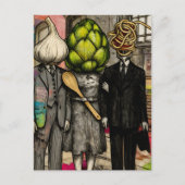 A garlic, an artichoke, and a spaghetti fork funny postkarte (Vorderseite)
