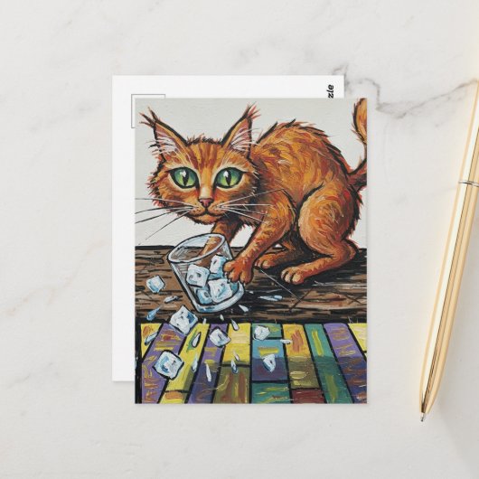 A ginger cat knocks over a glass of ice postkarte (Vorderseite/Rückseite Beispiel)