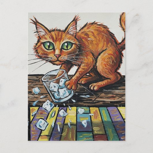 A ginger cat knocks over a glass of ice postkarte (Vorderseite)