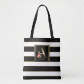 A Gold Floral Monogram | Schwarz-weiße Streifen Tasche (Vorderseite)