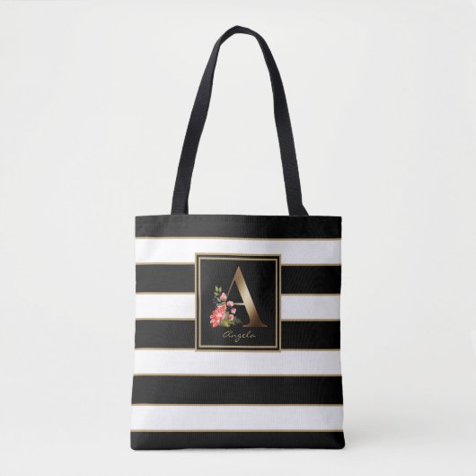 A Gold Floral Monogram | Schwarz-weiße Streifen Tasche (Vorderseite)