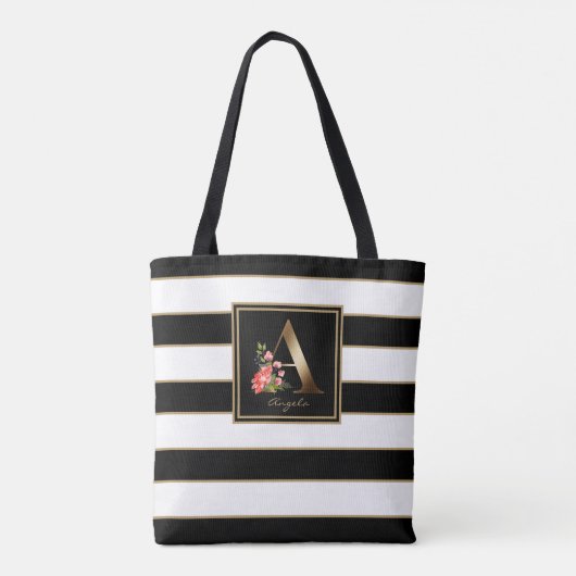 A Gold Floral Monogram | Schwarz-weiße Streifen Tasche (Rückseite)