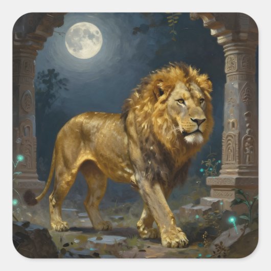 A Golden Lion Strolling under the Moonlight  Quadratischer Aufkleber (Vorderseite)