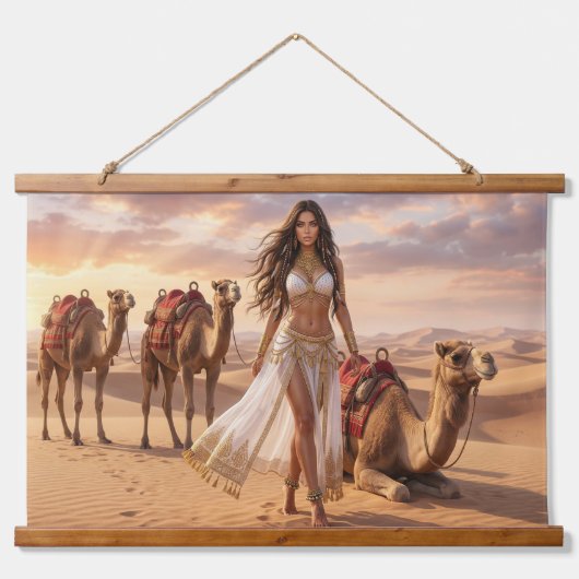 A Graceful Woman with Camels at Sunset Wandteppich Mit Holzrahmen (Vorne)