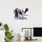 a group of women practicing yoga in a bright poster (Heimbüro)