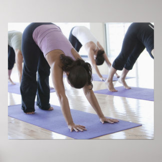 a group of women practicing yoga in a bright poster