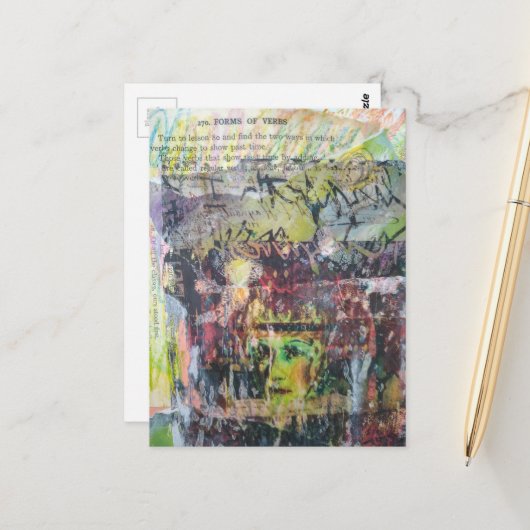 A grungy face verbs mixed media collage postkarte (Vorderseite/Rückseite Beispiel)