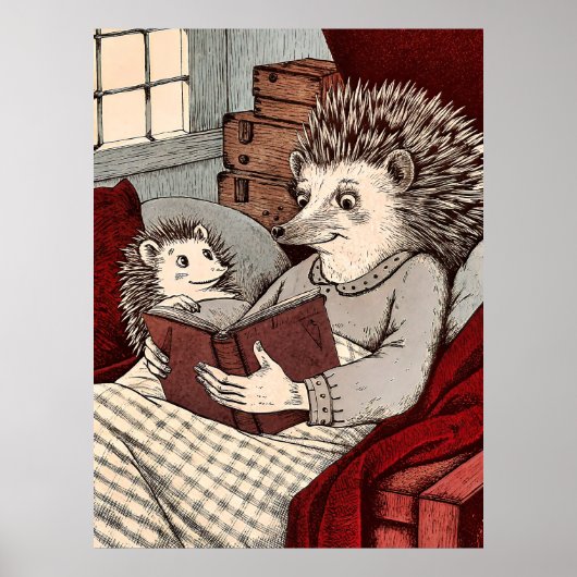 A hedgehog in a blanket reading a book to a young poster (Vorne)