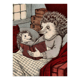 A hedgehog in a blanket reading a book to a young poster