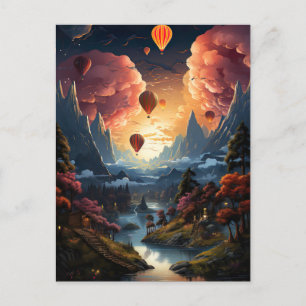 A hot air balloon flies over an asian landscape postkarte