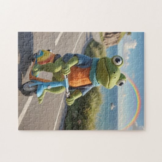 A knitted frog rides a scooter puzzle (Horizontal)
