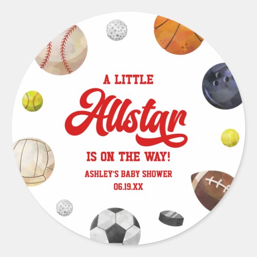 A Little Allstar Is On The Way! Sports Baby Shower Runder Aufkleber (Vorderseite)