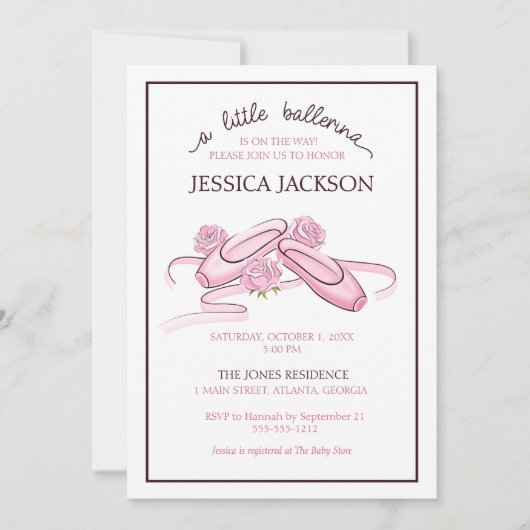 A Little Ballerina is on the Way Pink Ballet Shoes Einladung (Vorderseite)