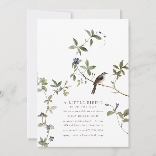 A Little Birdie | Botanische Babydusche Herbst Einladung (Vorderseite)